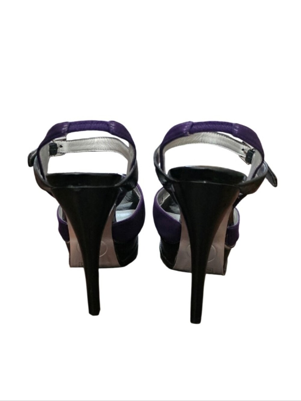 Bebe Purple Black Satin Platform Peep Toe Heels Size 7 - Picture 6 of 16